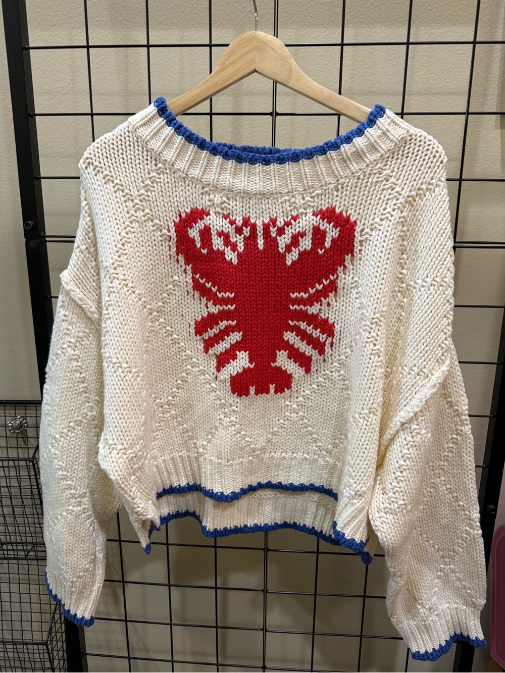 Cream Crewneck Sweater with Red Heart Motif and Blue Trim